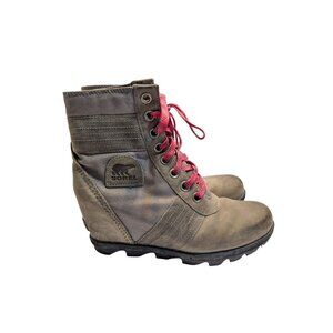 Sorel Lexie Grey Taupe Pink Lace Up Wedge Boots Quarry Winter 9 Snow